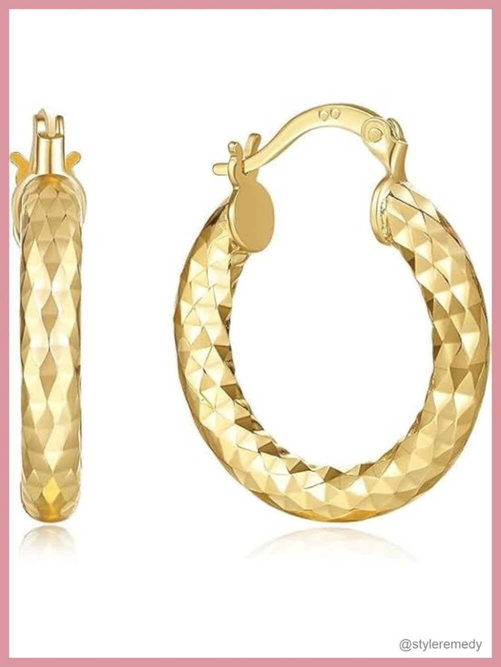 14K Gold Plated Hoop Earrings Wrinkle Texture Square-Edge Hypoallergenic